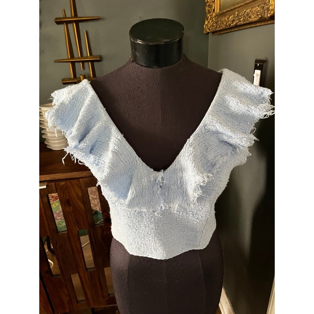 Zara Boucle Baby Blue Raw Edge Ruffled Crop Top Shirt Blouse sz M Festival Cute